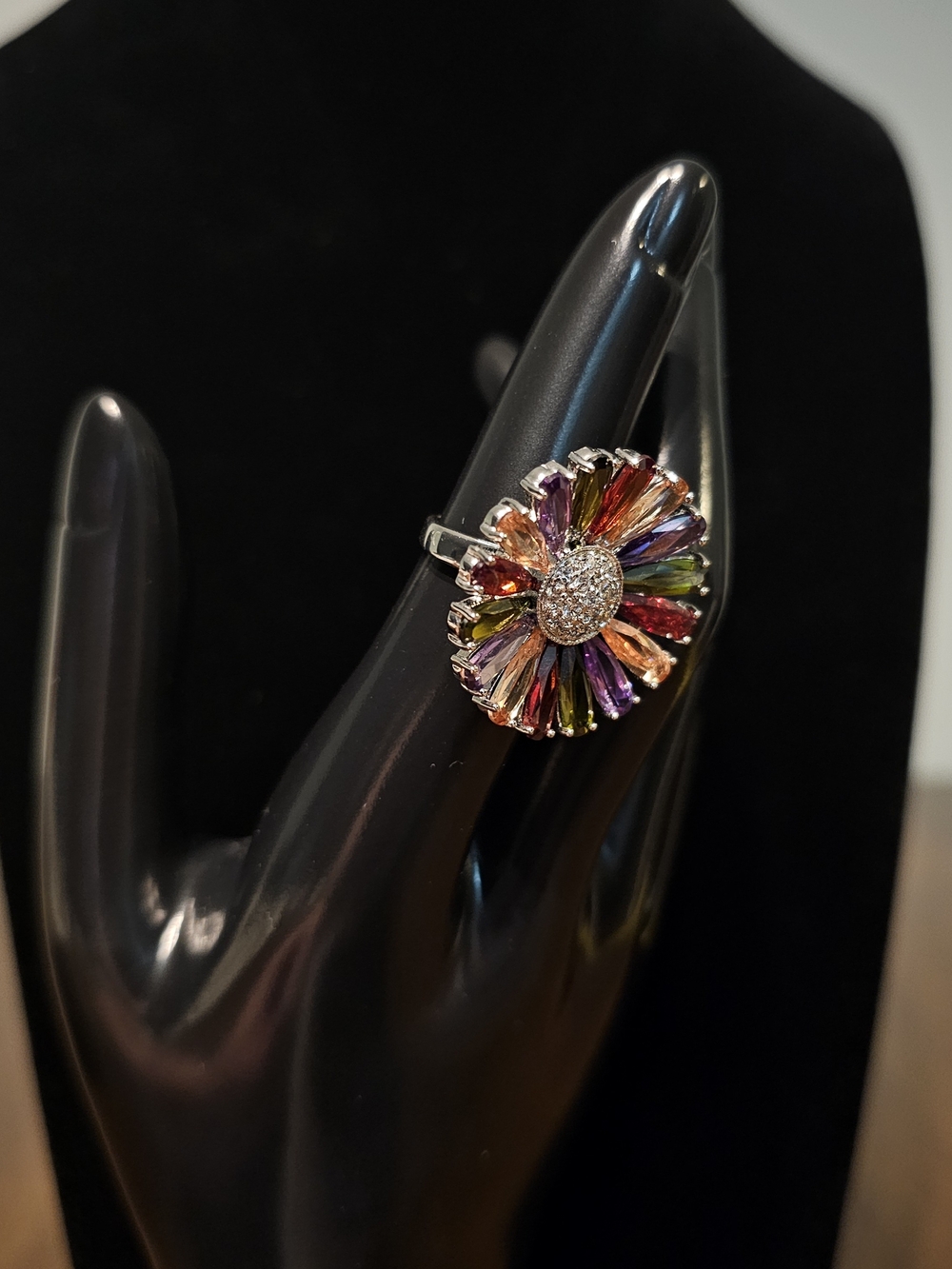 18k White Gold Plated Multicolor Flower Halo Ring - Women Jewelry